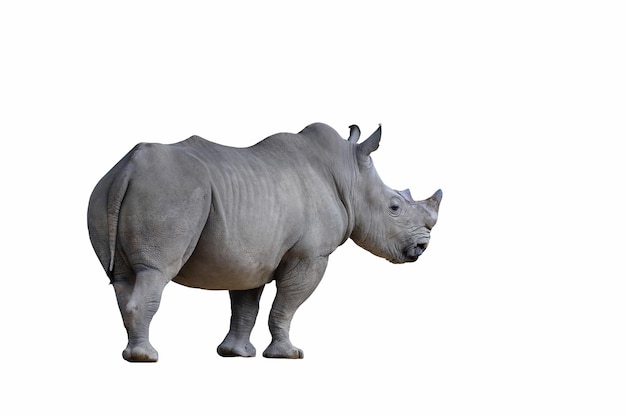 Rinoceronte in piedi isolato su sfondo bianco.