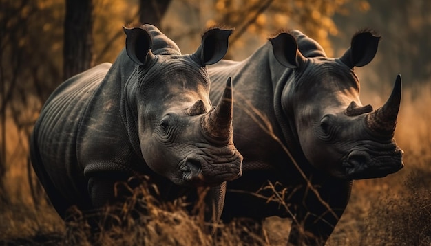 Rinoceronte in via di estinzione che pascola nella savana africana al tramonto generato dall'intelligenza artificiale