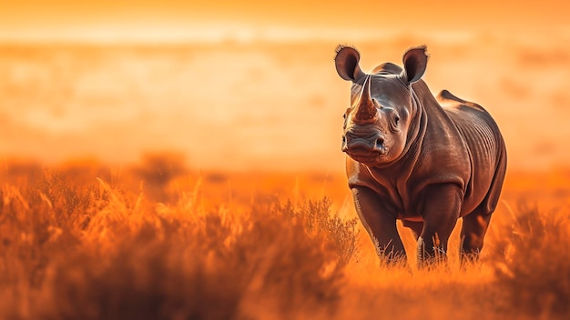 Rinoceronte nella savana al tramonto