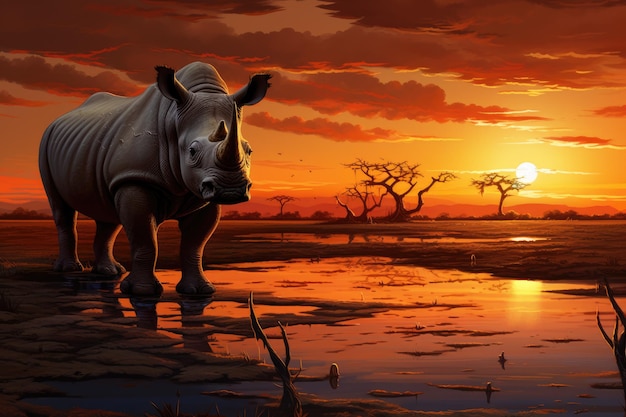 Rinoceronte sullo sfondo del tramonto ai generativo