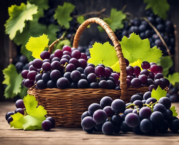 Ripe appetitose bacche di uva nera in un cesto traboccante