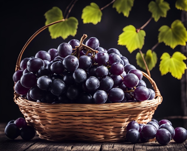 Ripe appetitose bacche di uva nera in un cesto traboccante