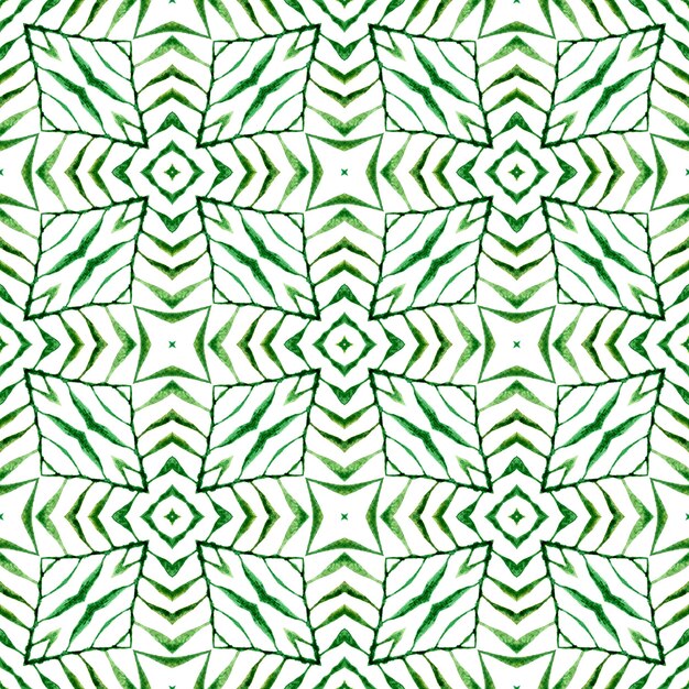 Ripetendo il bordo disegnato a mano a strisce. Design estivo boho chic originale verde. Stampa classica tessile pronta, tessuto per costumi da bagno, carta da parati, avvolgimento. Disegno disegnato a mano a strisce.