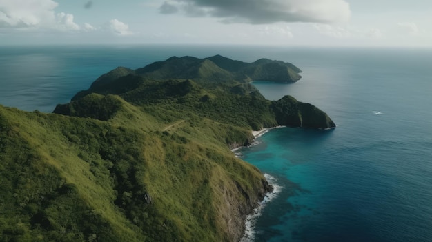 Ripresa aerea di un'isola verde con una piccola isola e un oceano blu.