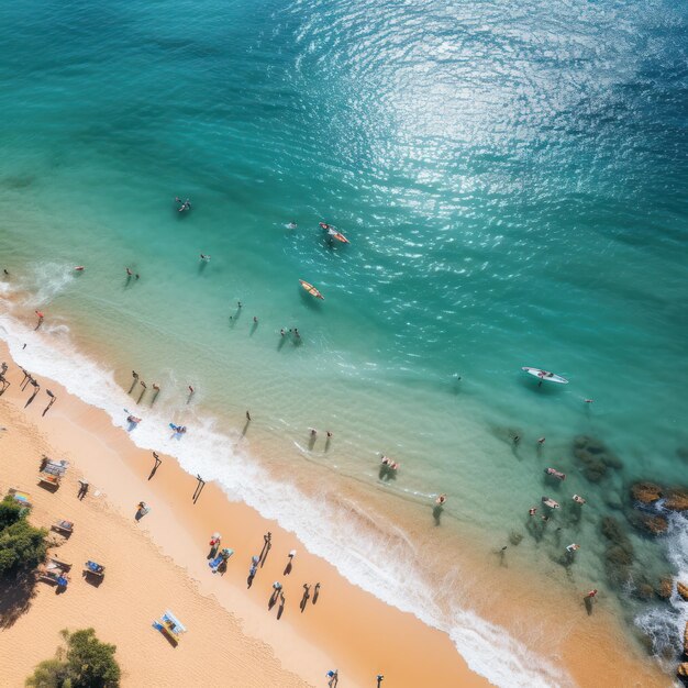 Ripresa aerea di una spiaggia affollata con nuotatori che si godono le onde