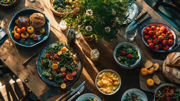 Ripresa cinematografica dell'assortimento di banchetti alimentari vista dall'alto luce del giorno AI generativa