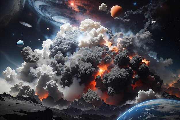 Ripresa cinematografica di un cambiamento climatico e dello spazio esploso con fumo che circondava i pianeti