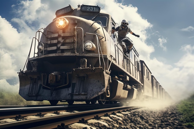 Ripresa d'azione con un uomo che salta giù dal treno Scena dinamica con vagone ferroviario in stile film d'azione IA generata