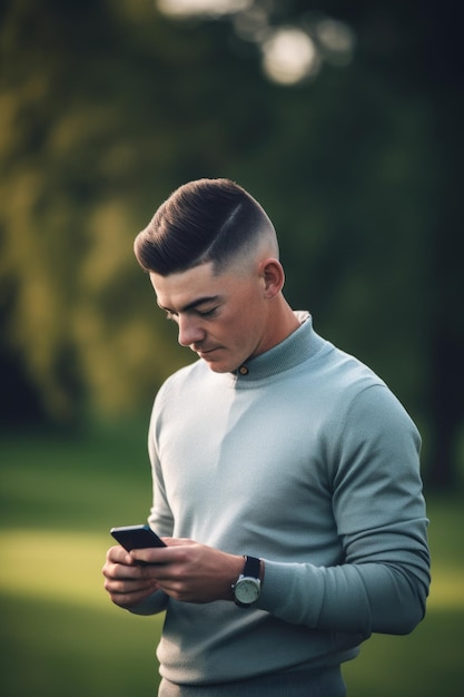 ripresa di un giocatore di golf che utilizza il suo telefono cellulare per inviare un'e-mail creata con l'IA generativa