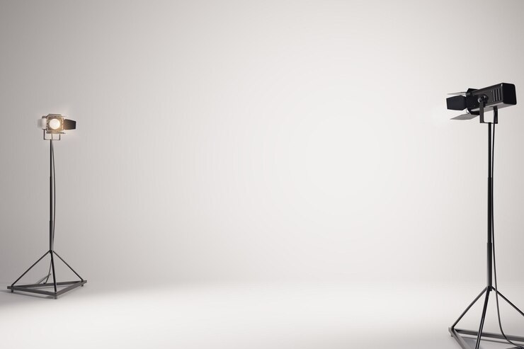Foto ripresa in studio con sfondo bianco vuoto e riflettori sul pavimento mockup di rendering 3d