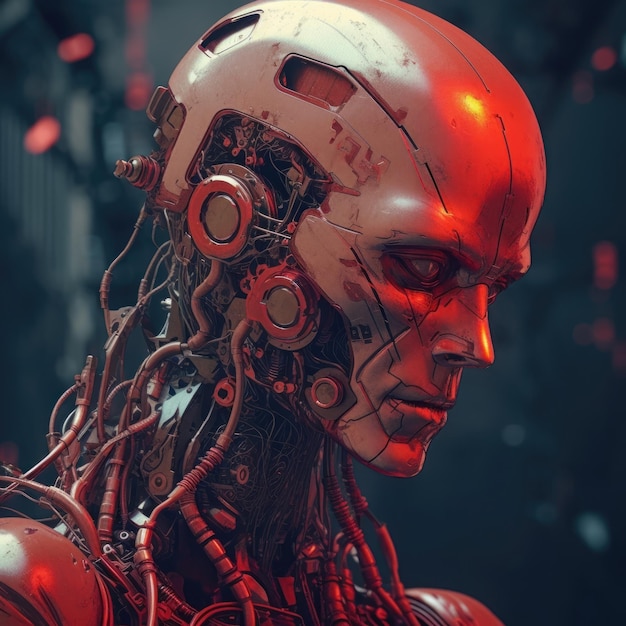 Ripresa macro della testa robotica rossa con scaglie nere Generata dall'IA cinematografica
