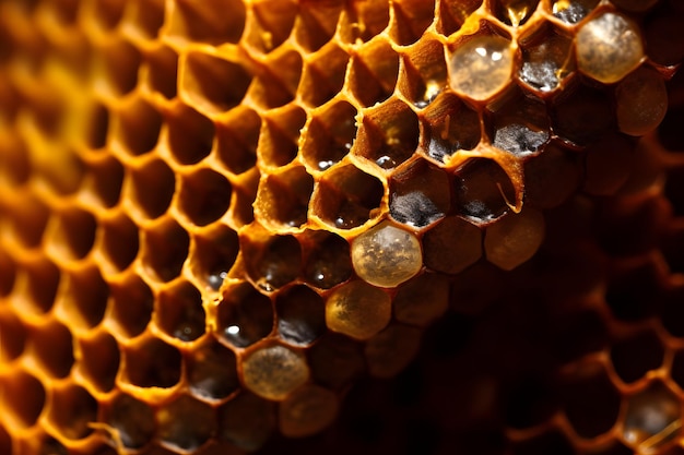 Ripresa macro di celle a nido d'ape in un alveare, contenente miele, generato dall'intelligenza artificiale