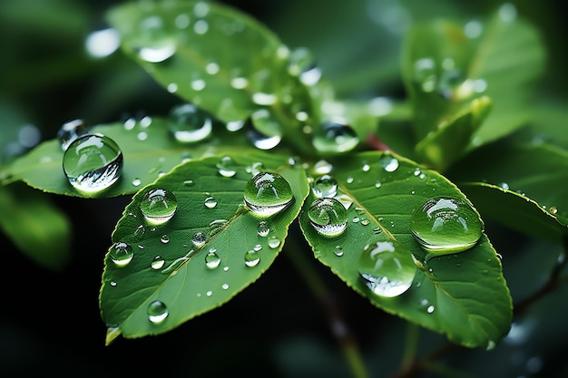 Ripresa macro di foglie verdi con goccioline d'acqua rugiada o goccia di pioggia su di esse Foglia verde foresta naturale