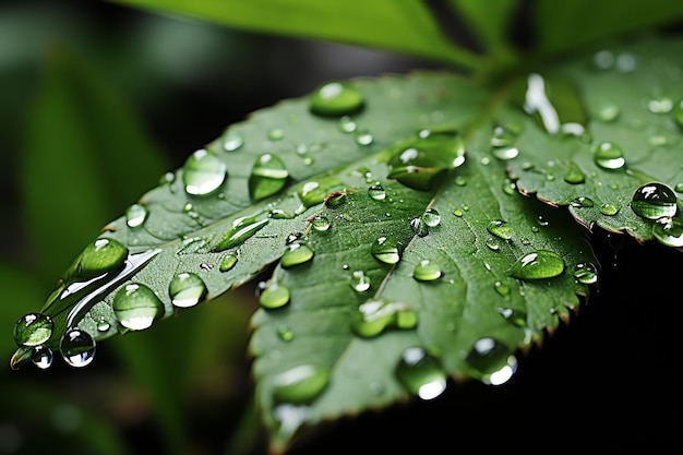 Ripresa macro di foglie verdi con goccioline d'acqua rugiada o goccia di pioggia su di esse Foglia verde foresta naturale