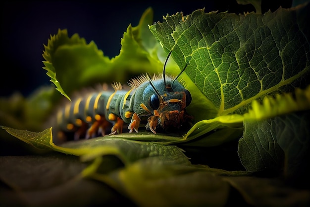 Ripresa macro di un bruco su una foglia verde di nottegenerativa ai