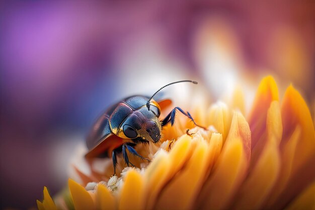 Ripresa macro di un insetto su un petalo di fiore con uno sfondo sfocato Generato da AI