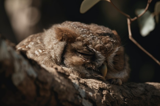 Ripresa macro di una creatura pelosa con gli occhi chiusi appoggiata sul ramo di un albero creato con ai generativa