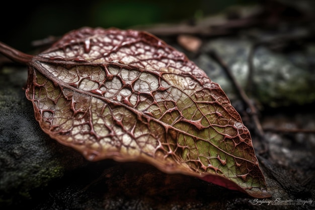 Ripresa macro di una foglia caduta che mostra intricati dettagli e trame creati con l'IA generativa