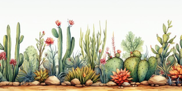 Ripresa orizzontale di cactus in fiore su uno sfondo bianco Acquerello Generative AI