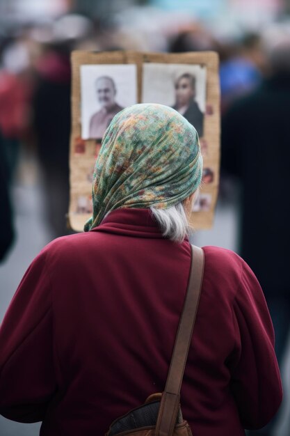 Ripresa posteriore di una donna irriconoscibile che tiene in mano un poster che legge creato con l'AI generativa