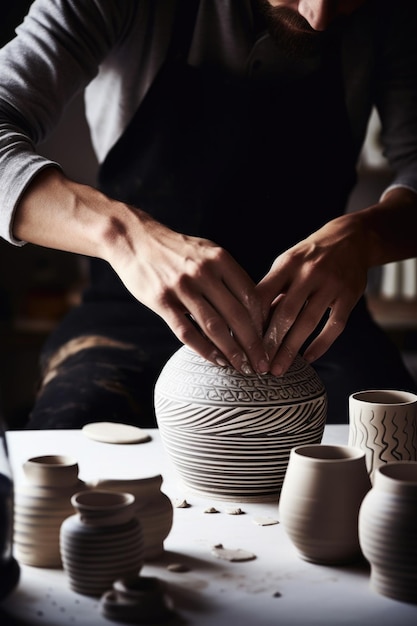 Ripresa ritagliata di un designer maschio che lavora alle sue ceramiche create con l'IA generativa