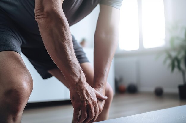 Ripresa ritagliata di un uomo irriconoscibile che fa esercizi di stretching a casa creata con l'IA generativa