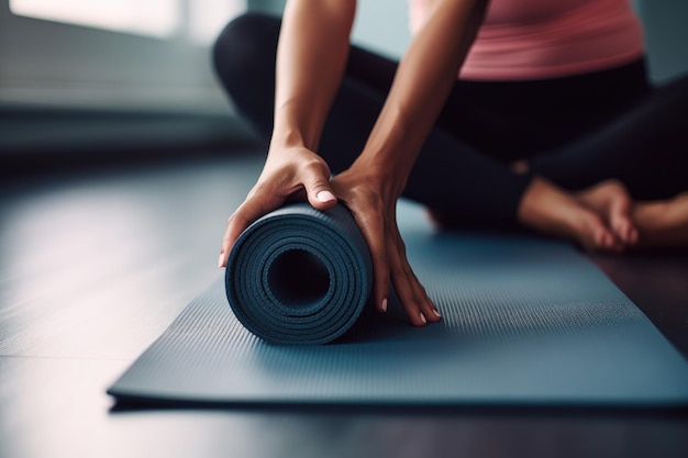 Ripresa ritagliata di una donna che utilizza un tappetino per esercizi durante la sua routine di yoga creata con l'IA generativa