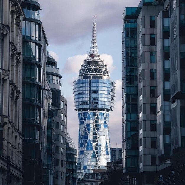 Ripresa verticale della torre walkie-talkie tra gli edifici di Londra, in Inghilterra