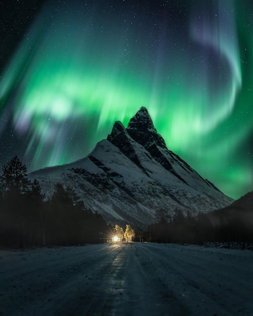 Ripresa verticale di un paesaggio invernale notturno con una strada innevata contro l'aurora boreale