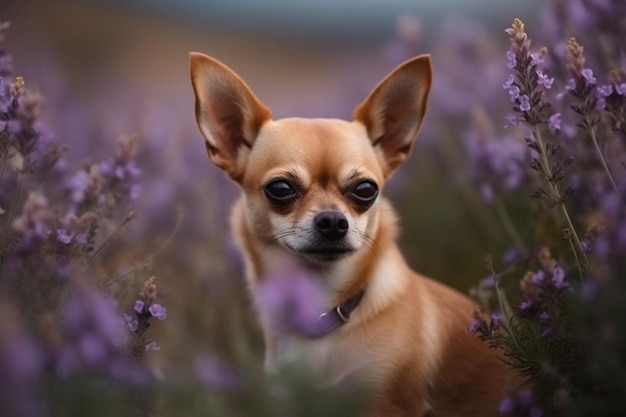 Ripresa verticale di un piccolo Chihuahua carino in mezzo a fiori di campo viola nel campo