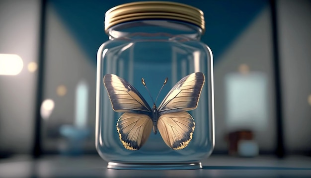 Ripresa verticale di una bellissima farfalla magica intrappolata in un barattolo di vetro