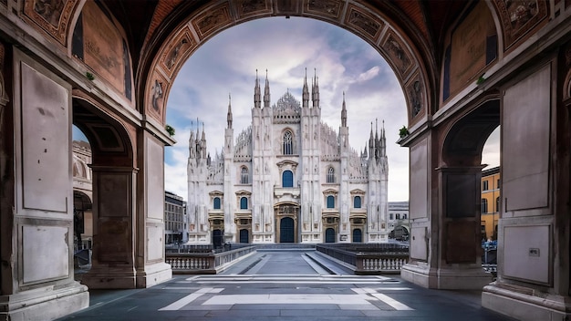 Ripresa verticale di una bellissima vista del duomo di Milano e di un antico arco a Milano, in Italia