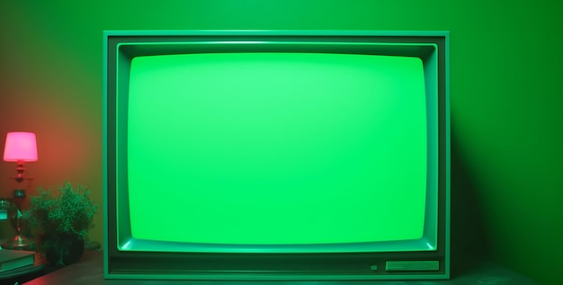 Riprese in primo piano di un vecchio televisore con schermo verde