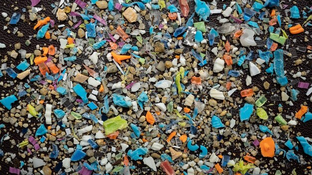 Riprese macro su un mucchio di microplastiche che non possono essere riciclate