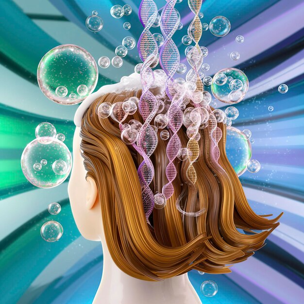 Ripristinare e nutrire i capelli con lo shampoo, il trattamento del siero, le bolle per la cura dei capelli e lo sfondo del DNA