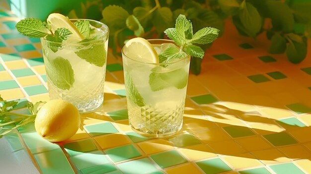 Ripristinare i drink estivi in bicchieri perlati con il verde cancella il fondotinta di piastrelle gialle con ombre a sangue freddo Risorsa creativa Generata dall'IA