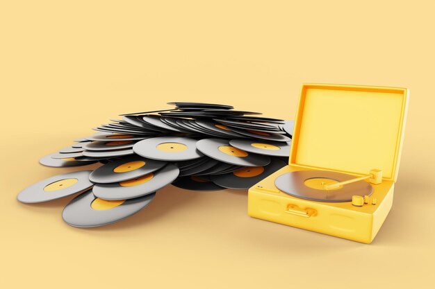 Riproduttore di dischi retro 3d in valigia vintage con un mucchio di dischi LP in vinile su sfondo giallo Turntable fonografo per riprodurre jazz blues rock o musica elettronica banner pubblicitario illustrazione 3D