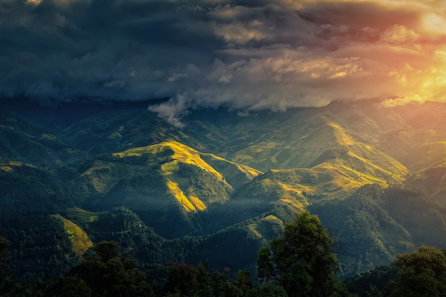 Risaie a terrazze con padiglione in legno ad alba in Mu Cang Chai, Yenbai, Vietnam.