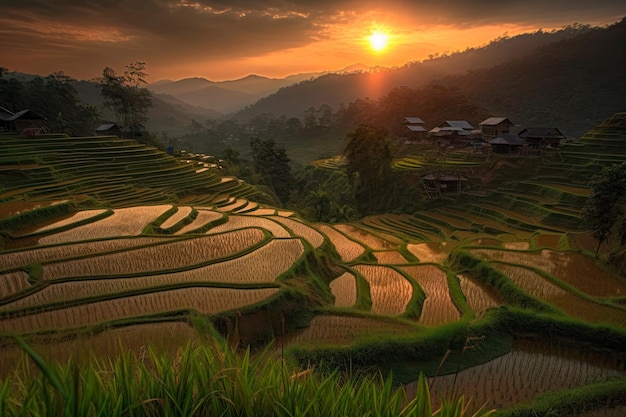 Risaie terrazzate vietnamite al tramonto IA generativa