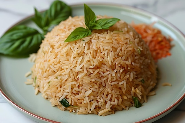 Riso Basmati marrone perfettamente cotto su un piatto con basilico fresco e carota grattugiata