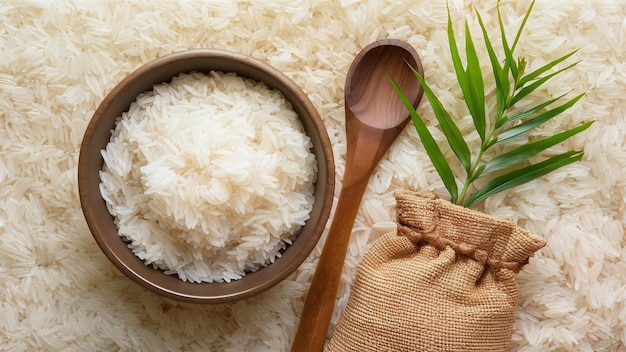 Riso bianco in una ciotola e una borsa un cucchiaio di legno e una pianta di riso su uno sfondo di riso bianco