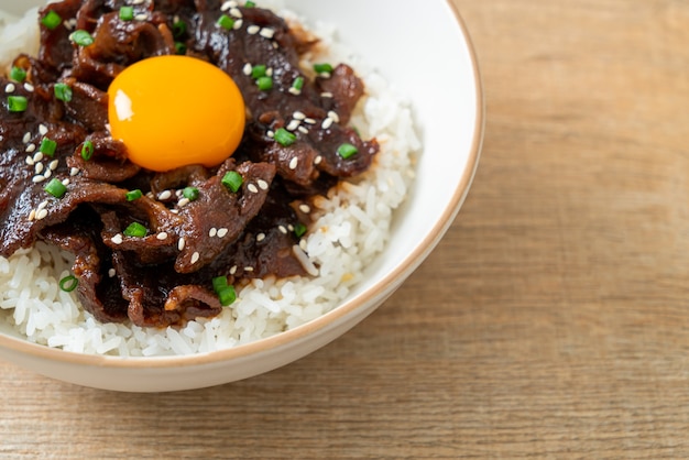 Riso con maiale aromatizzato alla soia o ciotola di maiale giapponese Donburi - Asian food style