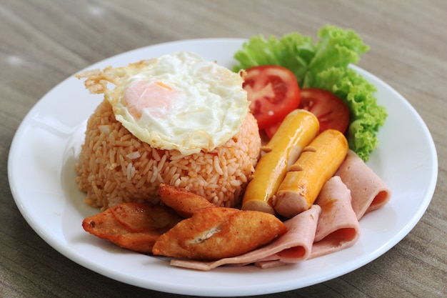 Riso fritto in stile tailandese servito pollo fritto, salsa ,prosciutto e uova fritte / concetto di cottura del riso fritto