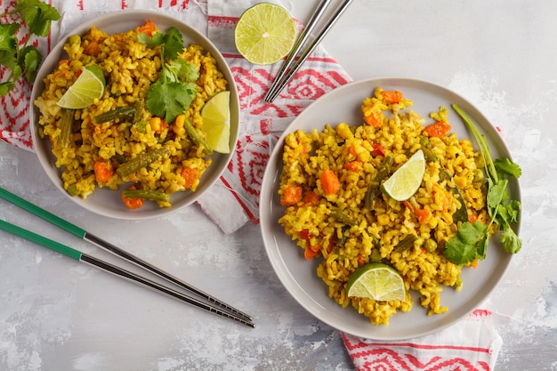 Riso vegetariano al curry con verdure e crema di cocco in lastre grigie. Vista dall'alto, copia spazio, sfondo di cibo. Concetto di cibo vegano sano, disintossicazione, dieta vegetale.