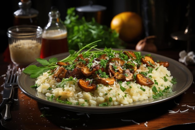 Risotto ai funghi in uno chalet di montagna nelle Alpi italiane con la neve che cade fuori generativa IA