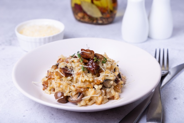 Risotto ai funghi porcini. Piatto italiano tradizionale. Primo piano, orientamento orizzontale.