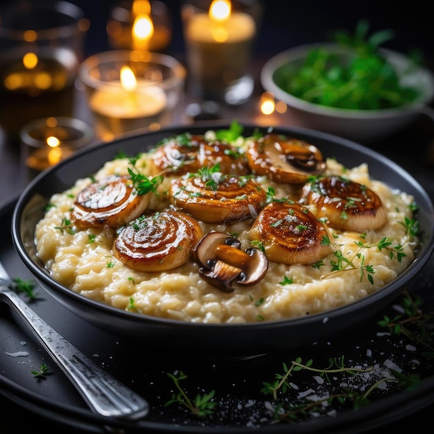 Risotto ai funghi servito in una coppa nera dall'atmosfera romantica