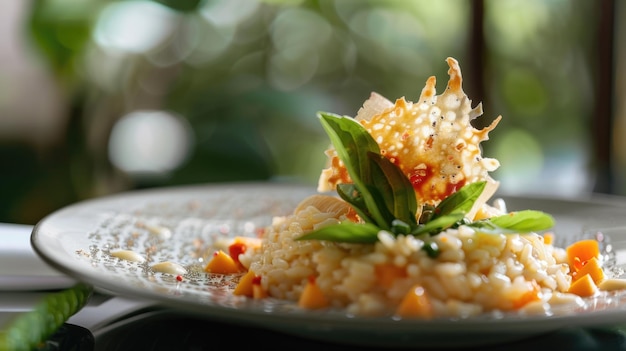 Risotto con parmesan e patatine croccanti concetto di cucina italiana gourmet