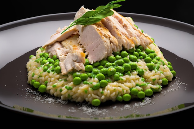 Risotto delizioso del pollo e del pisello che osserva in su