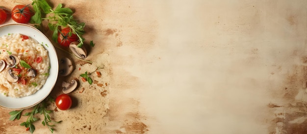 Risotto di tartufo bianco e pomodoro Porcini con sfondo pastello isolato di Rucola